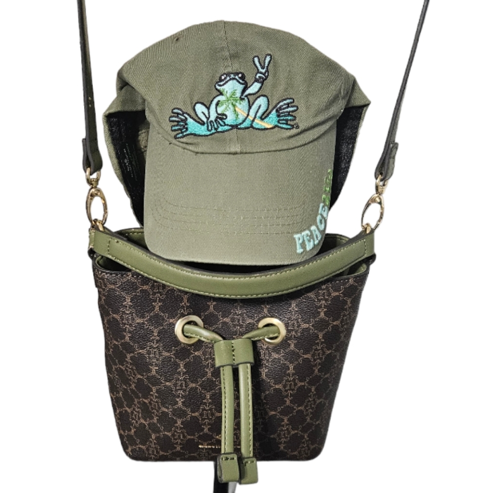 Peace Frogs Retro Frog W/ Words Peace 2 U Baseball Hat in Olive Green Adjustable